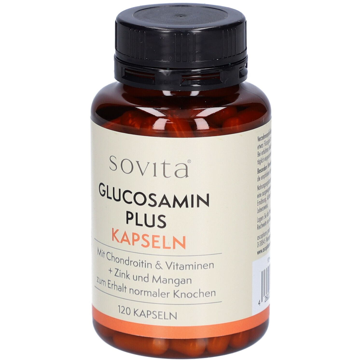 Braune Flasche mit schwarzen Deckel. Etikett mit "sovita Glucosamin Plus Kapseln". 120 Kapseln. Mit Chondroitin, Vitaminen, Zink & Mangan.