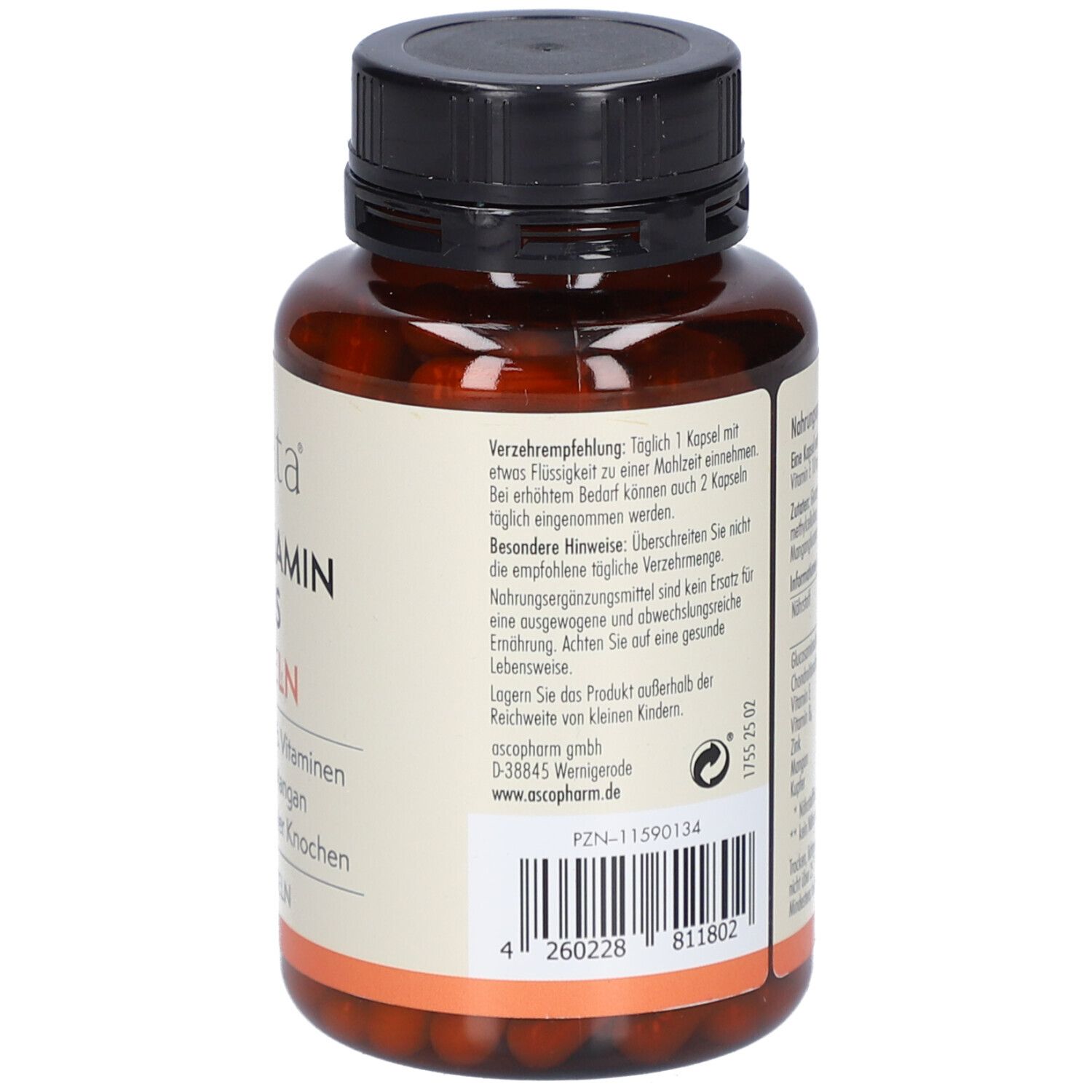 Braune Flasche, Etikett mit Produktinformationen. "sovita Glucosamin Plus Kapseln". PZN-11590134. Herstelleradresse. QR-Code.