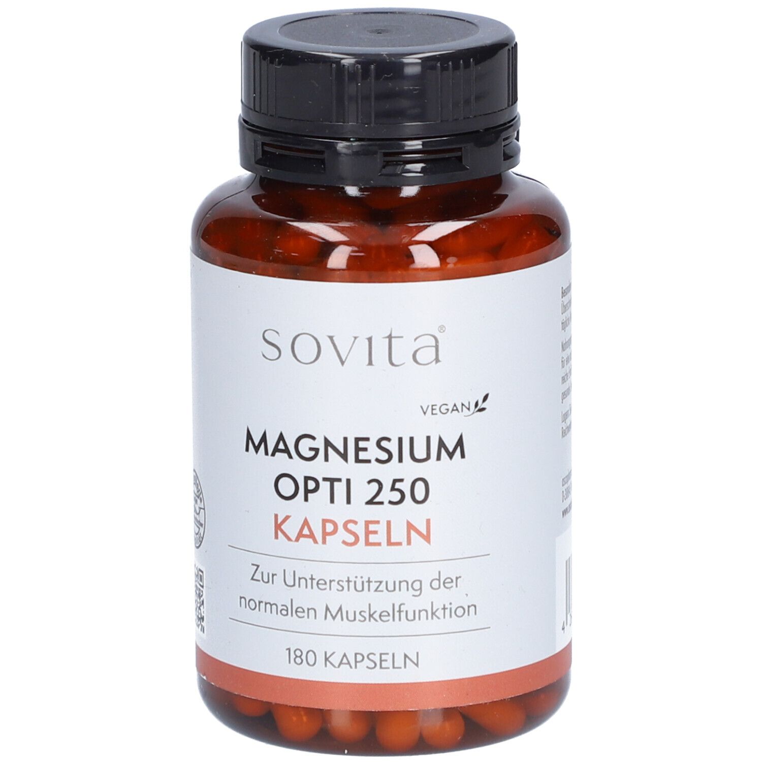 Braune Flasche mit schwarzem Deckel. Aufschrift: SOVITA Magnesium Opti 250 Kapseln. 180 Kapseln. Vegan.
