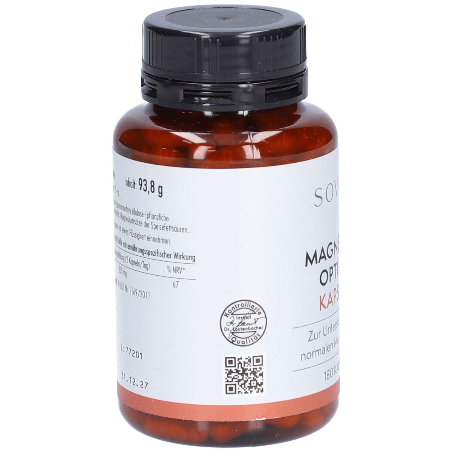 Braune Flasche mit schwarzem Deckel. Rückseite mit Text und QR-Code. Aufschrift: SOVITA Magnesium Opti 250 Kapseln. 180 Kapseln.