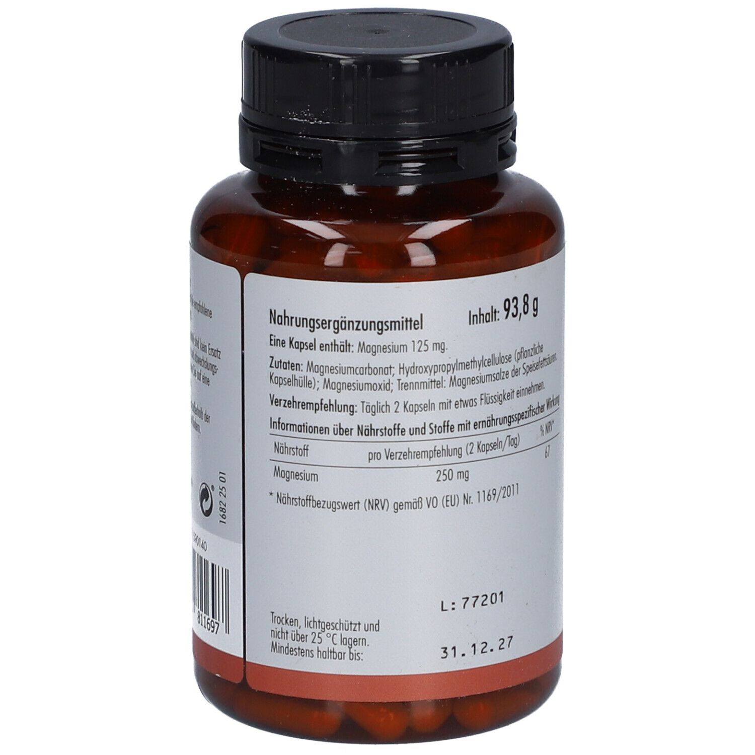 Braune Flasche mit schwarzem Deckel. Rückseite mit Text. Aufschrift: SOVITA Magnesium Opti 250 Kapseln. 180 Kapseln. Inhaltsangabe.