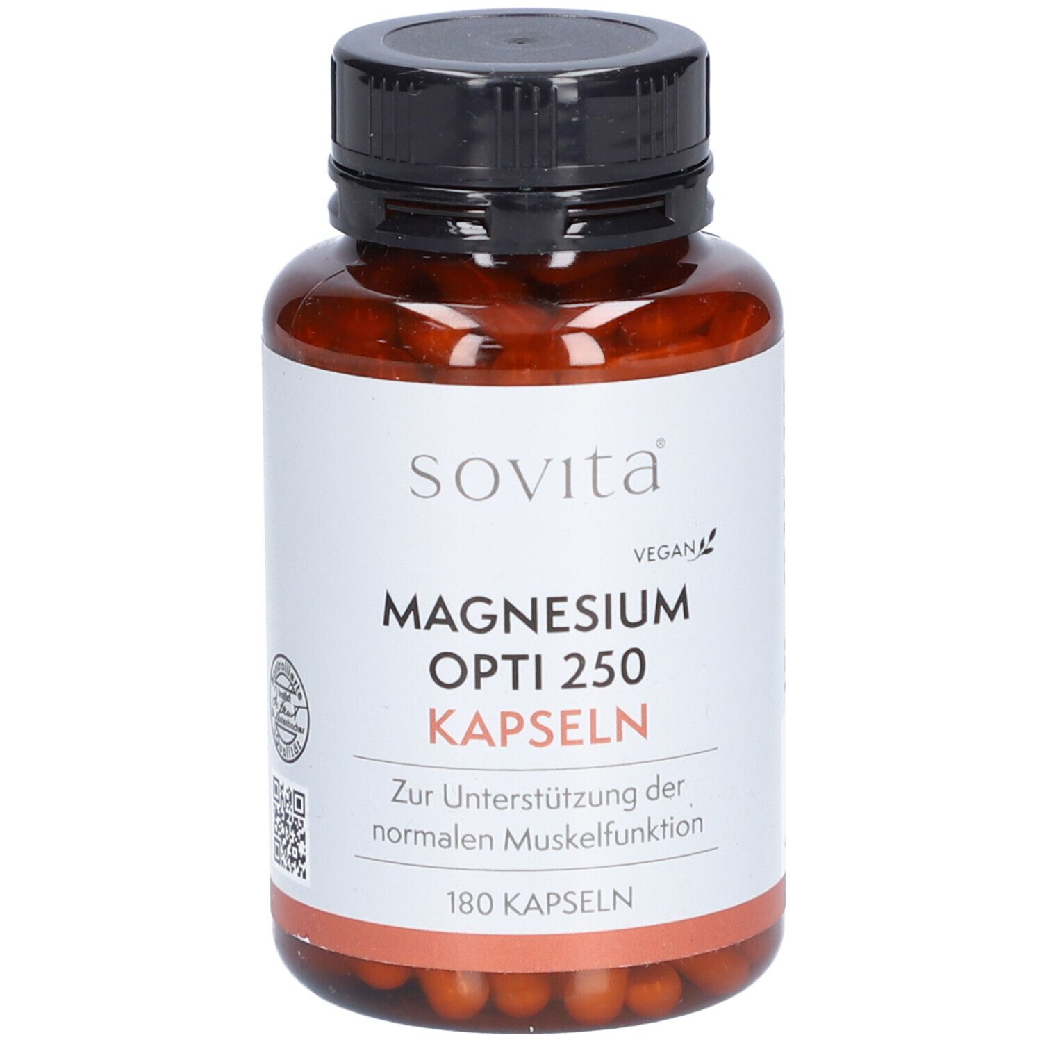 Braune Flasche mit schwarzem Deckel. Aufschrift: SOVITA Magnesium Opti 250 Kapseln. 180 Kapseln. Vegan.