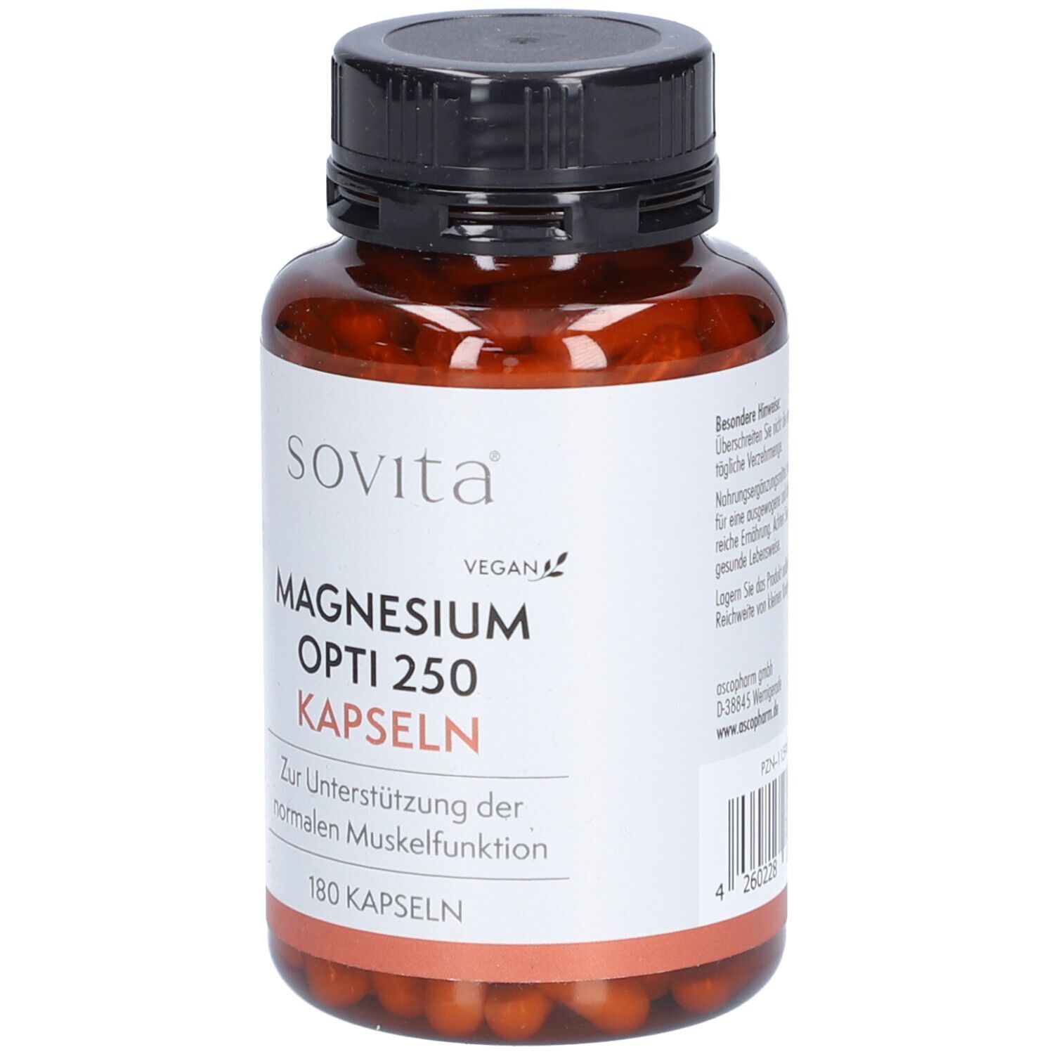 Braune Flasche mit schwarzem Deckel. Aufschrift: SOVITA Magnesium Opti 250 Kapseln. 180 Kapseln. Vegan.