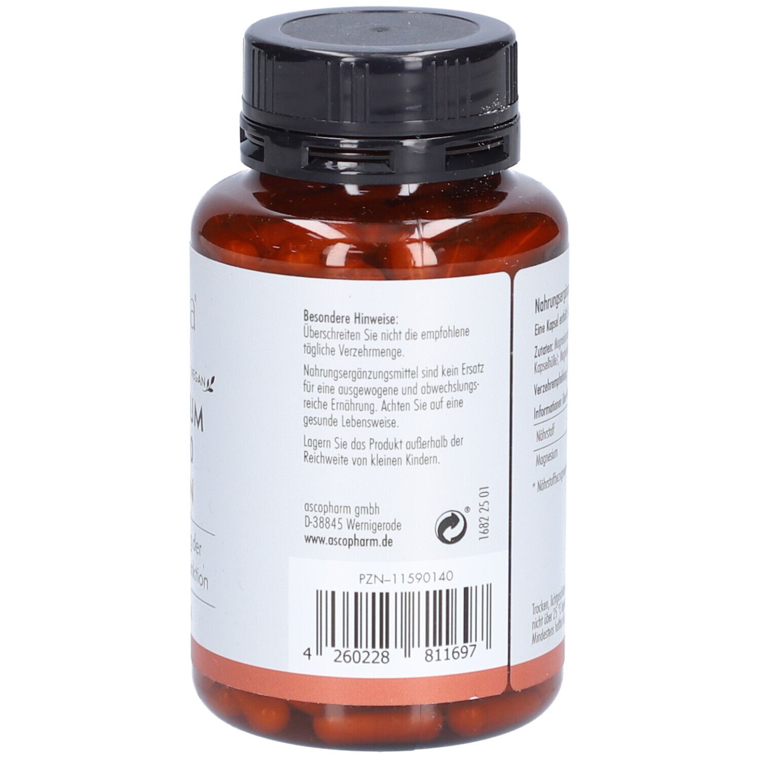 Braune Flasche mit schwarzem Deckel. Rückseite mit Text. Aufschrift: SOVITA Magnesium Opti 250 Kapseln. 180 Kapseln.