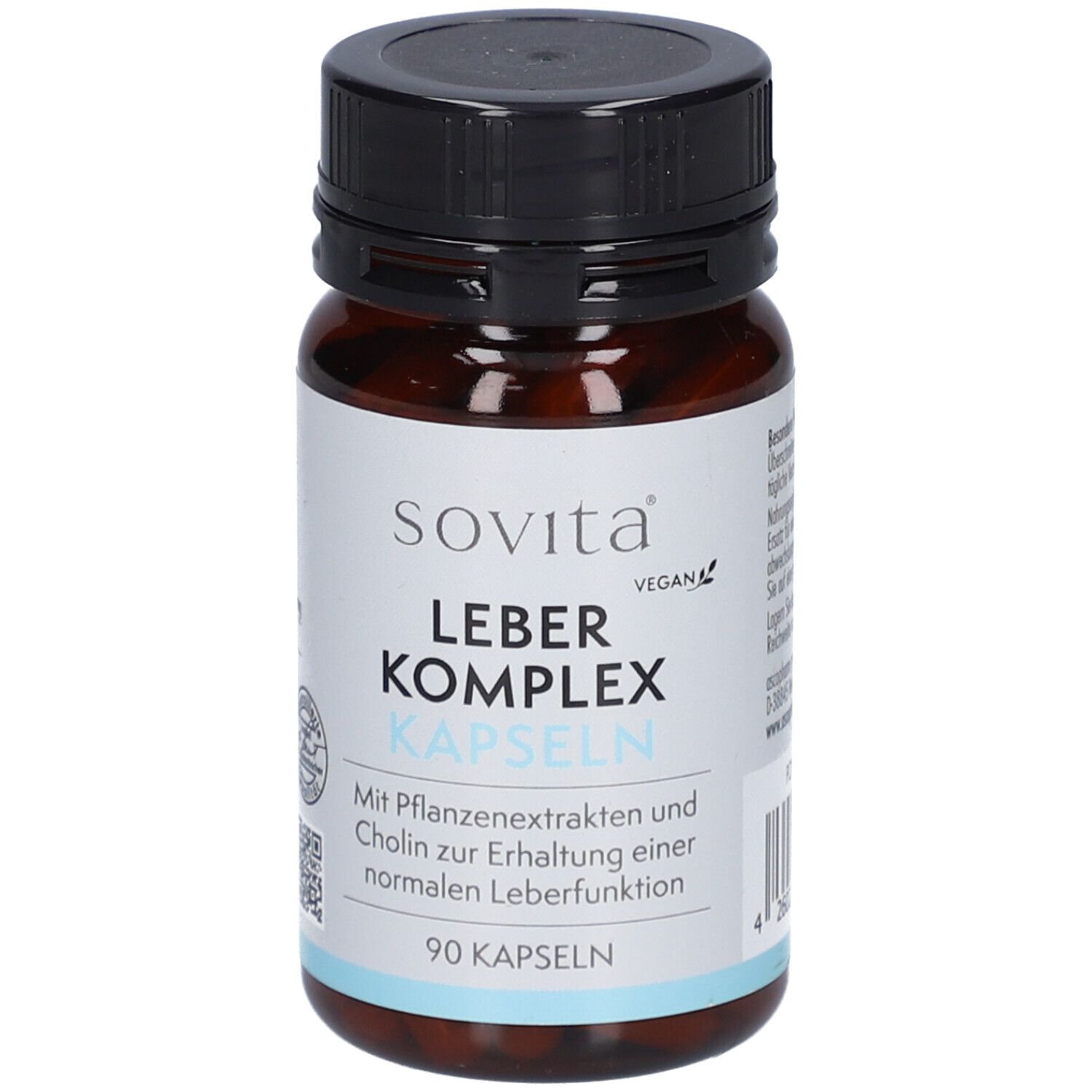 Braune Kapsel-Dose mit schwarzem Deckel. Aufschrift: Sovita Leber Komplex Kapseln. 90 Kapseln. Vegan.