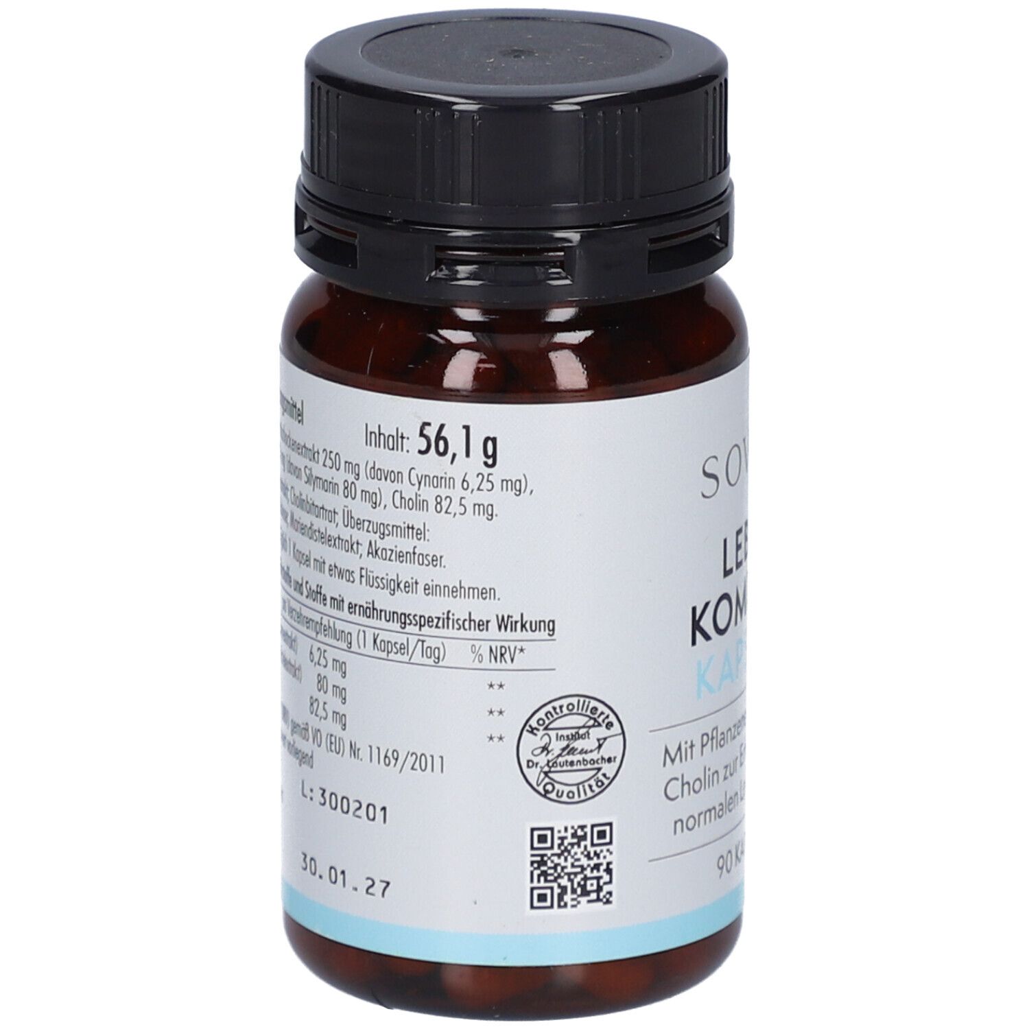 Rückseite der Kapsel-Dose. Angaben zu Inhaltsstoffen, Gewicht und Nährwerten. Mit QR-Code und Siegel.
