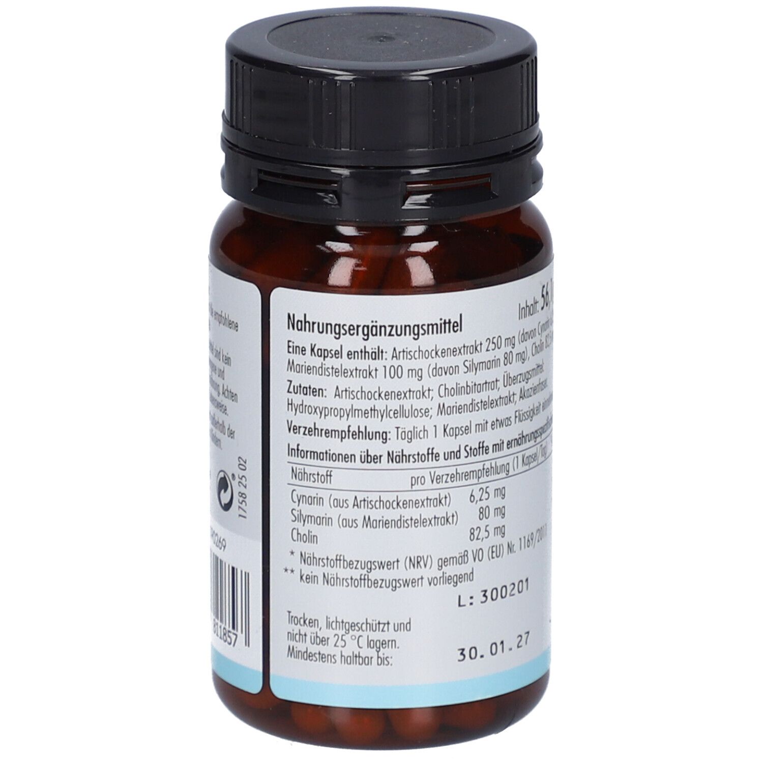 Rückseite der Kapsel-Dose. Angaben zu Inhaltsstoffen und Nährwerten. Mindesthaltbarkeitsdatum: 30.01.27.
