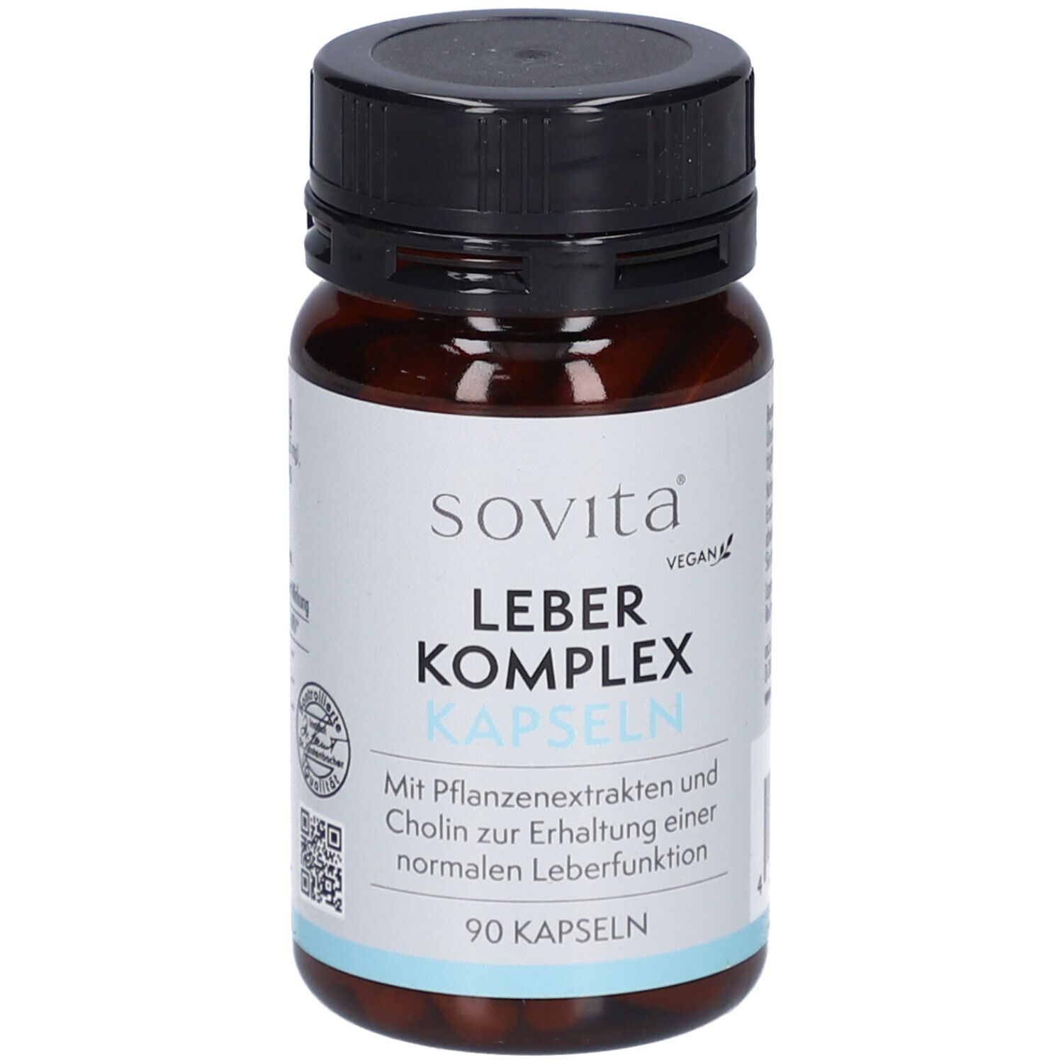 Braune Kapsel-Dose mit schwarzem Deckel. Aufschrift: Sovita Leber Komplex Kapseln. 90 Kapseln. Vegan.