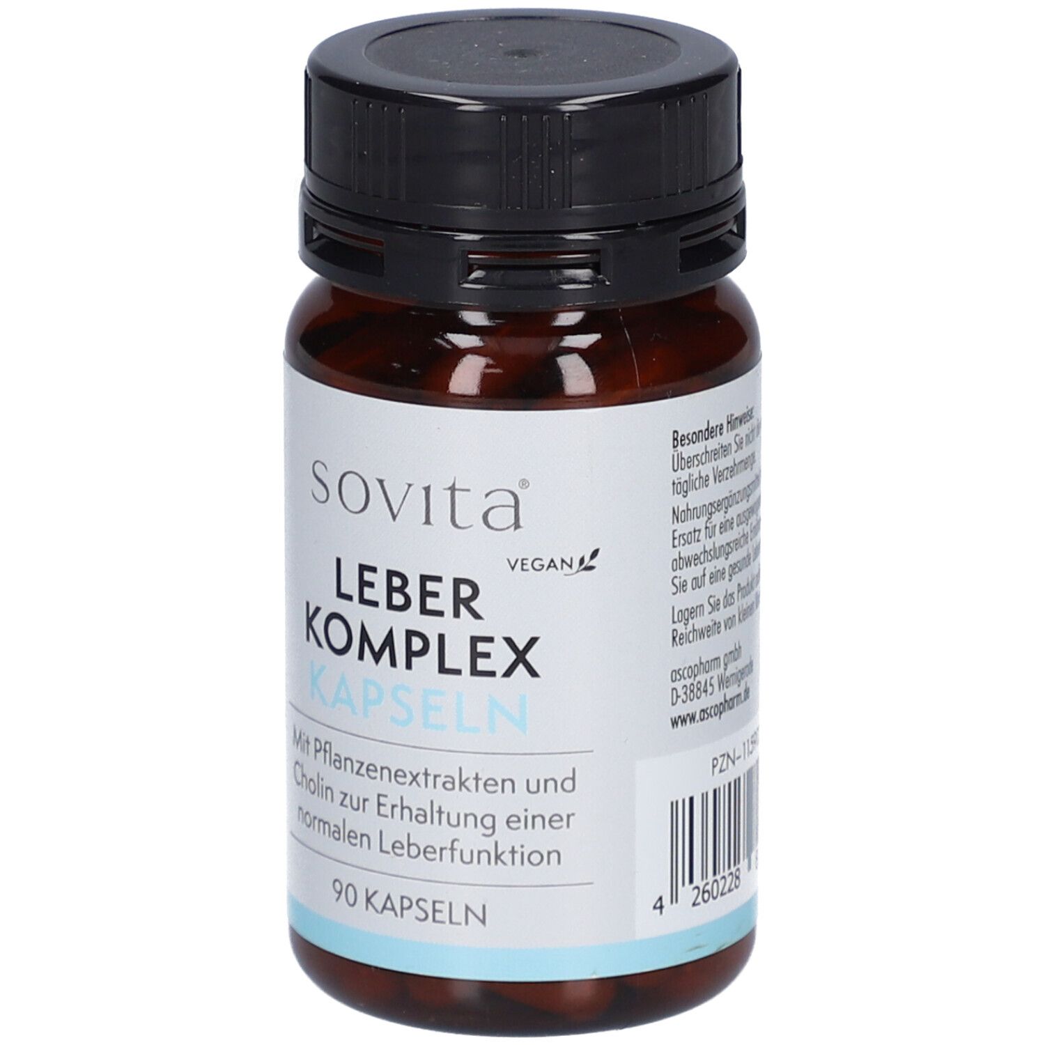 Braune Kapsel-Dose mit schwarzem Deckel. Aufschrift: Sovita Leber Komplex Kapseln. 90 Kapseln. Vegan.