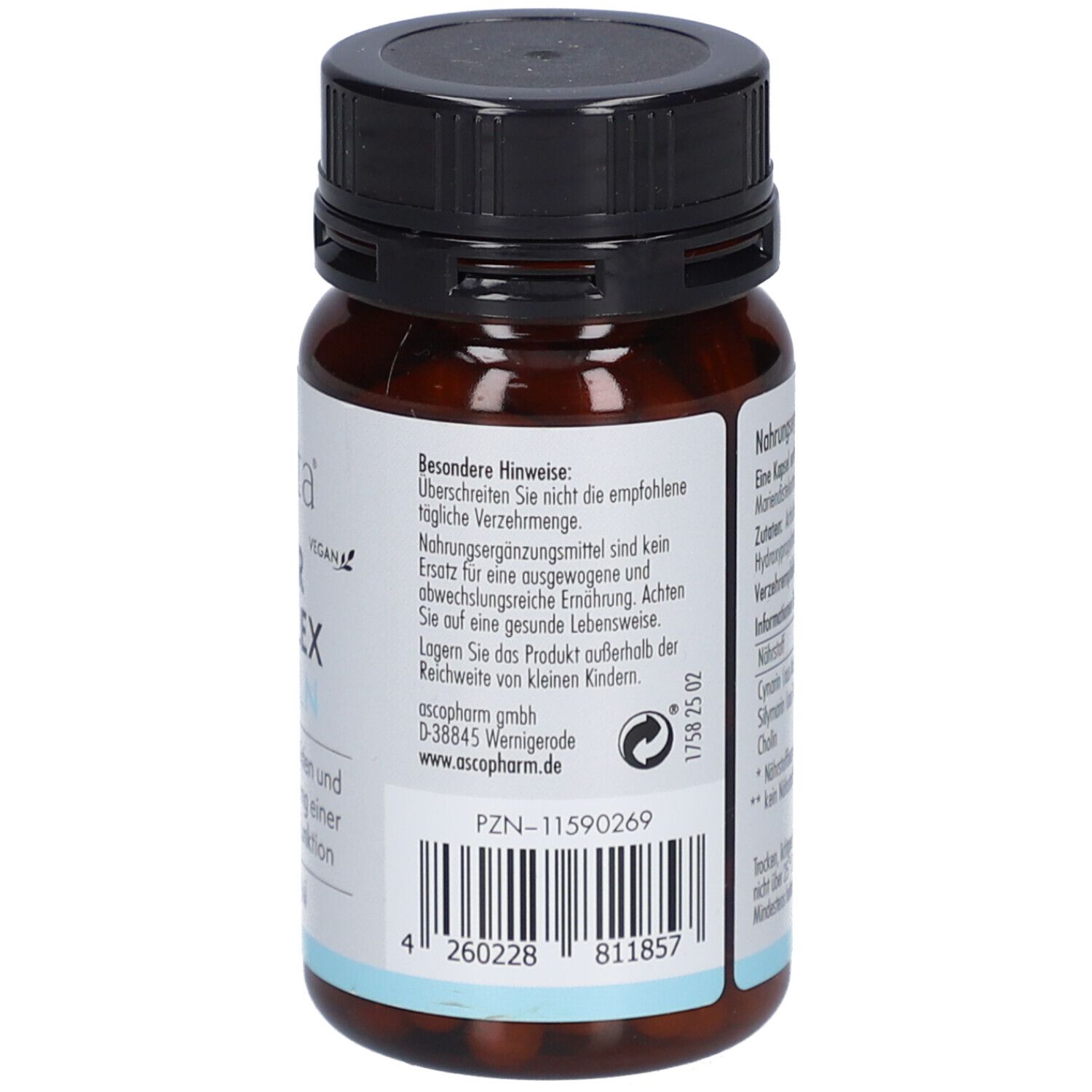 Rückseite der Kapsel-Dose. Angaben zu Inhaltsstoffen und Hersteller. Mit Barcode.