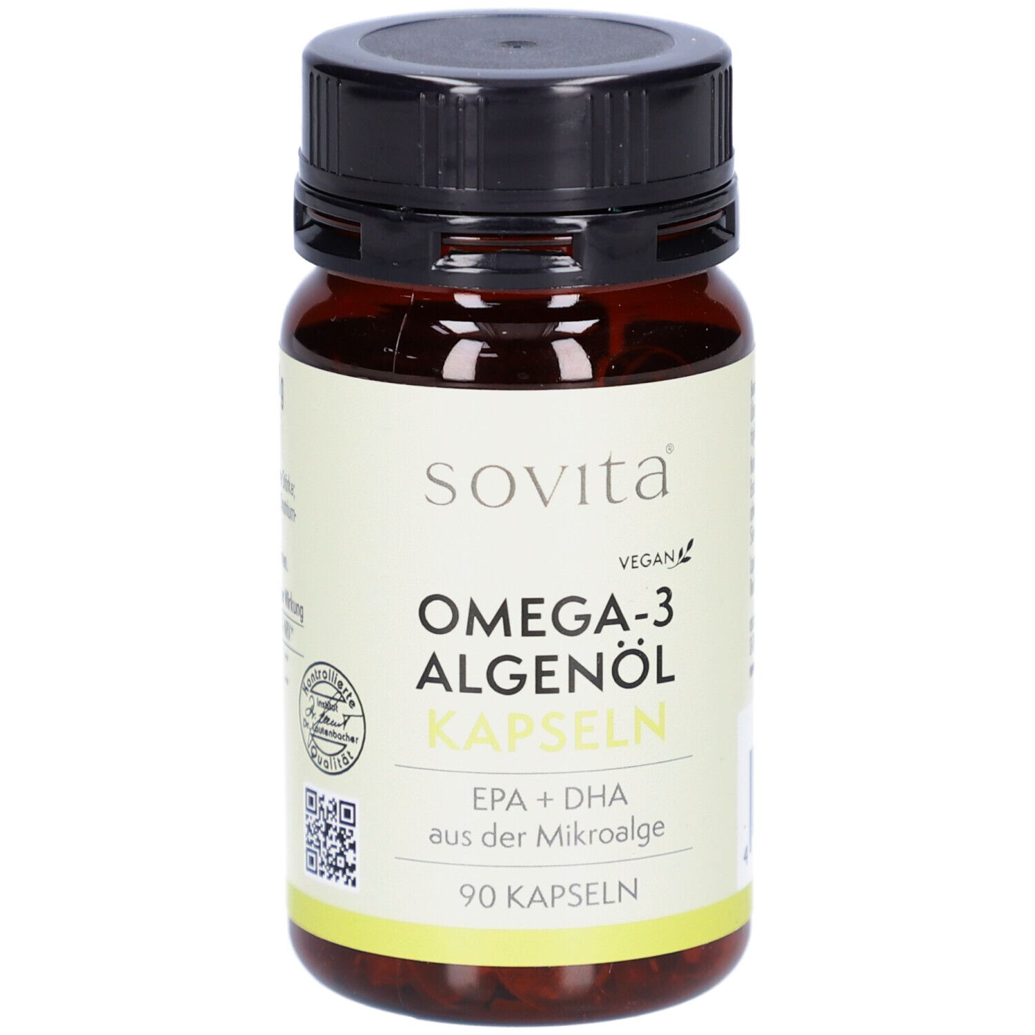 Braune Flasche mit schwarzen Deckel. Aufkleber mit Produktnamen: SOVITA Omega-3 Algenöl Kapseln. Vegan-Siegel.