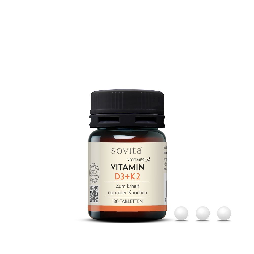 Braune Glasflasche mit schwarzem Deckel. Etikett mit Produktinformationen. 3 weiße Tabletten daneben.