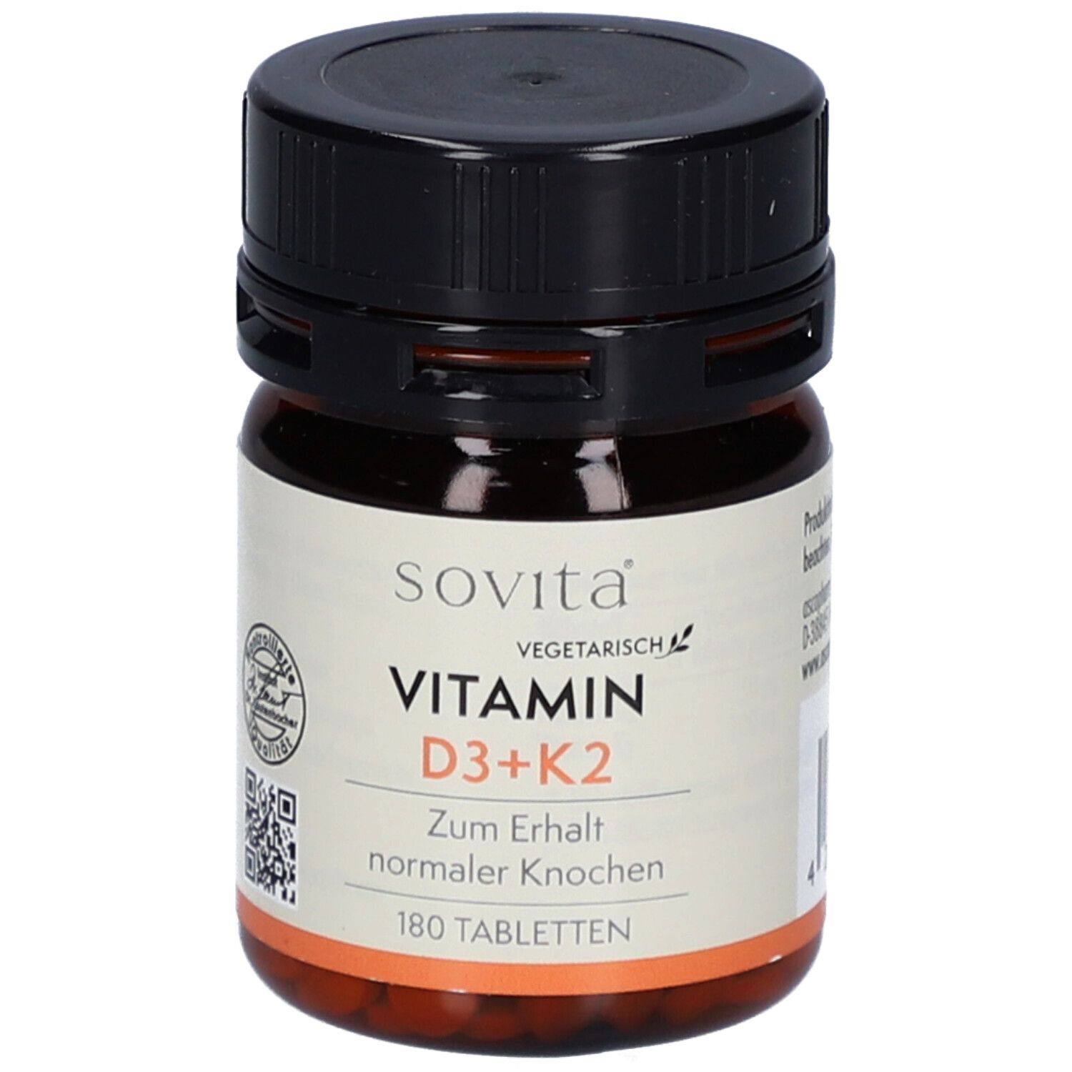 Braune Glasflasche mit schwarzem Deckel. Etikett mit sovita Vitamin D3+K2, 180 Tabletten. Vegetarisch.