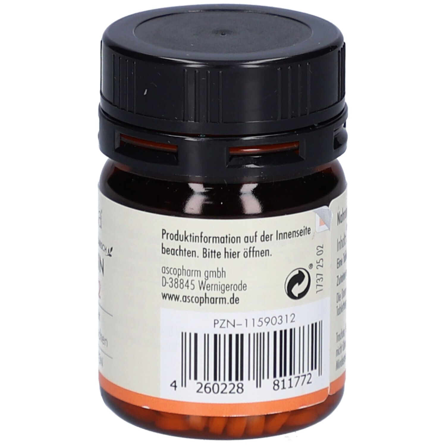 Braune Glasflasche mit schwarzem Deckel. Etikett mit Herstellerinformationen und PZN-Nummer.