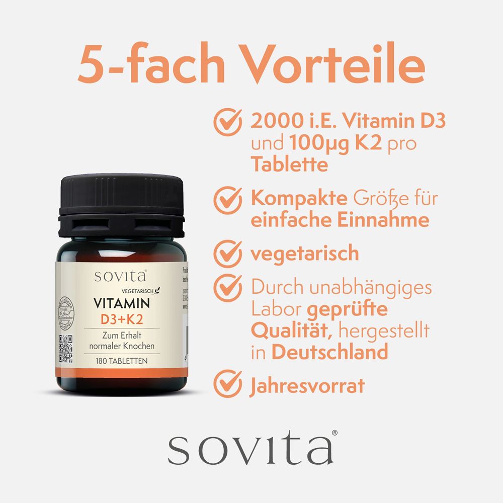 Grafik mit Text: 5 Vorteile. Produktflasche daneben. Text: 2000 i.E. Vitamin D3 und 100µg K2 pro Tablette.