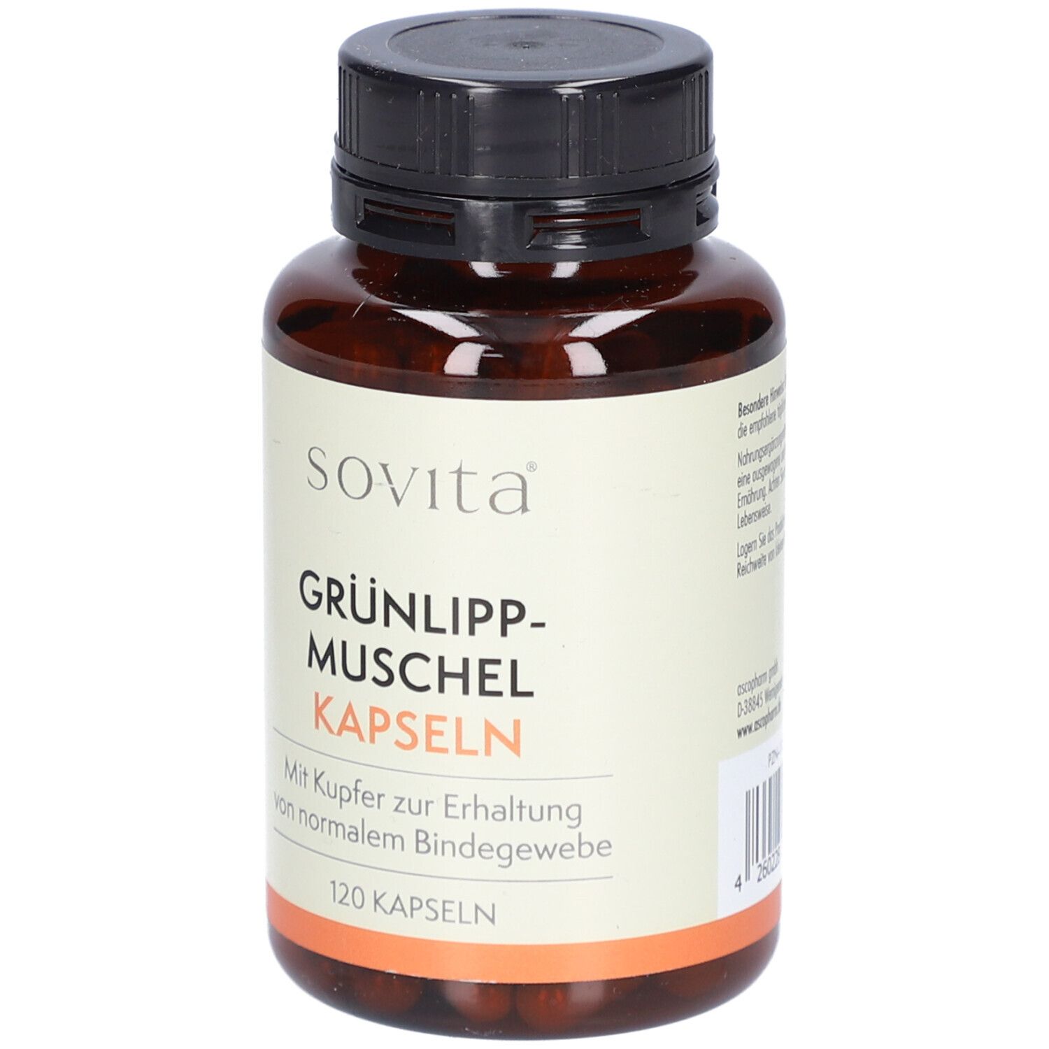 Braune Flasche mit schwarzen Deckel. Aufschrift: sovita, Grünlippmuschel Kapseln. 120 Kapseln.