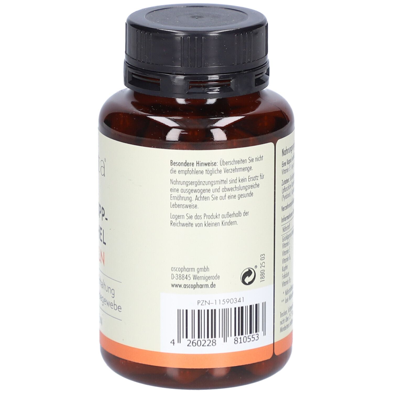 Rückseite der Flasche. Enthält Informationen und Barcode. Hersteller: oscopharm GmbH.