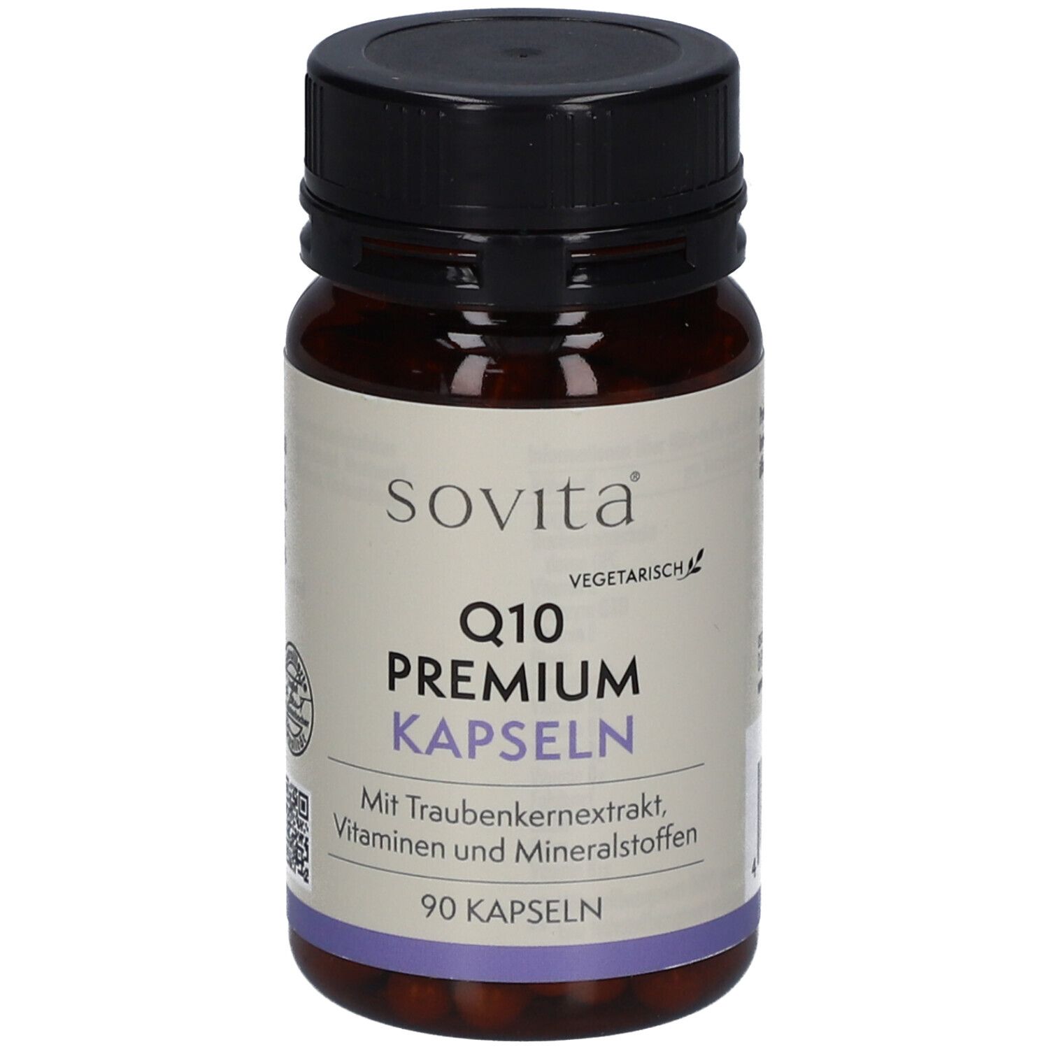 Braune Flasche mit schwarzen Deckel. Aufschrift: sovita Q10 Premium Kapseln. 90 Kapseln. Vegetarisch.