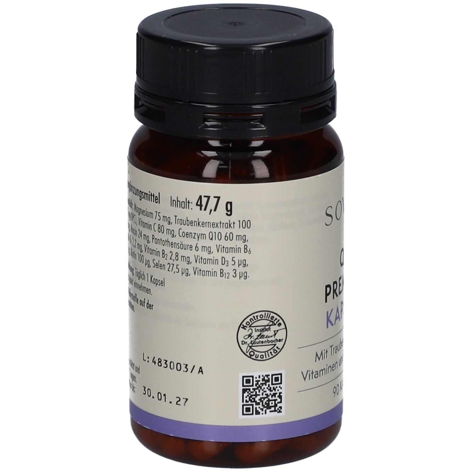Braune Flasche mit schwarzen Deckel. Aufschrift: sovita Q10 Premium Kapseln. Zutatenliste und QR-Code.