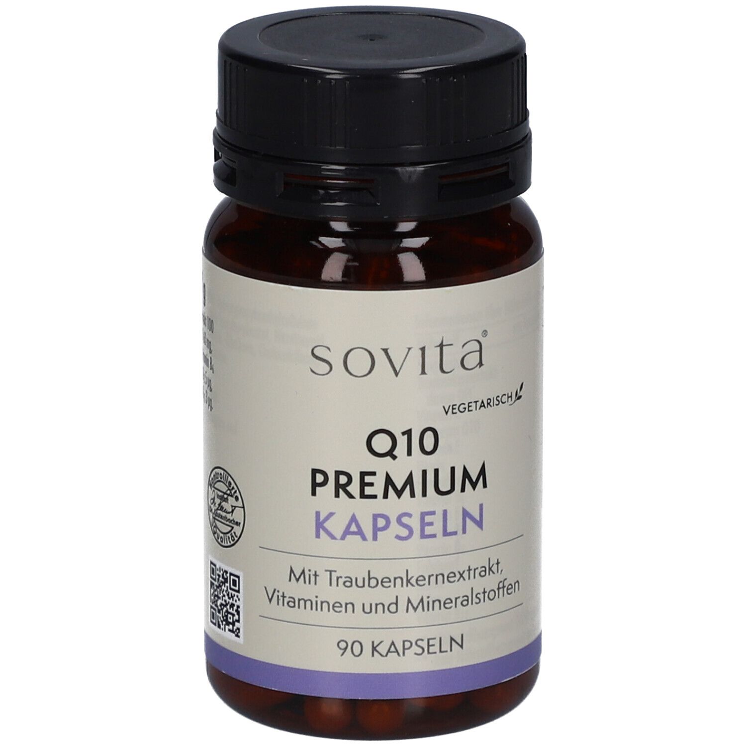 Braune Flasche mit schwarzen Deckel. Aufschrift: sovita Q10 Premium Kapseln. 90 Kapseln. Vegetarisch.