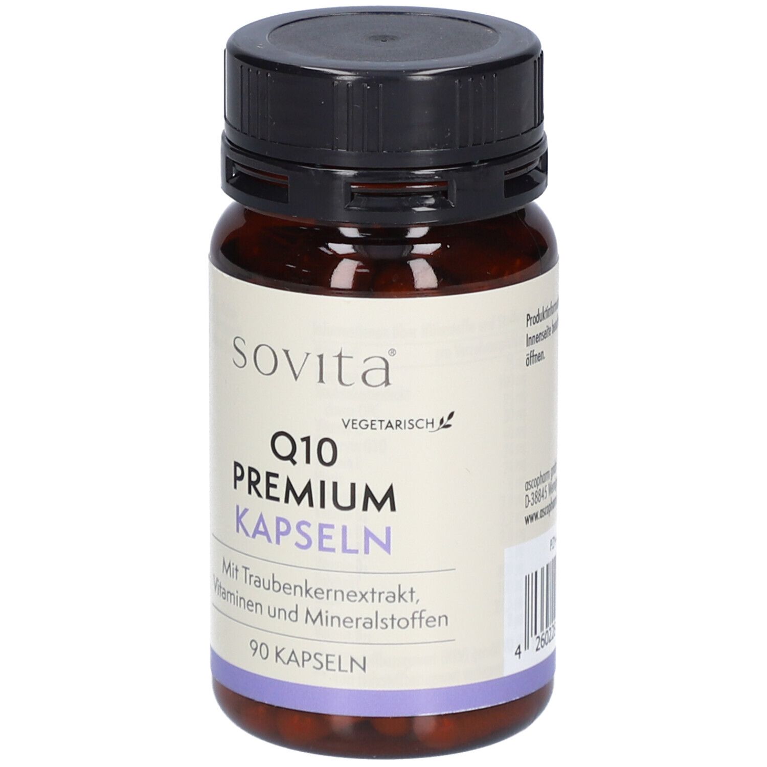 Braune Flasche mit schwarzen Deckel. Aufschrift: sovita Q10 Premium Kapseln. 90 Kapseln. Vegetarisch.