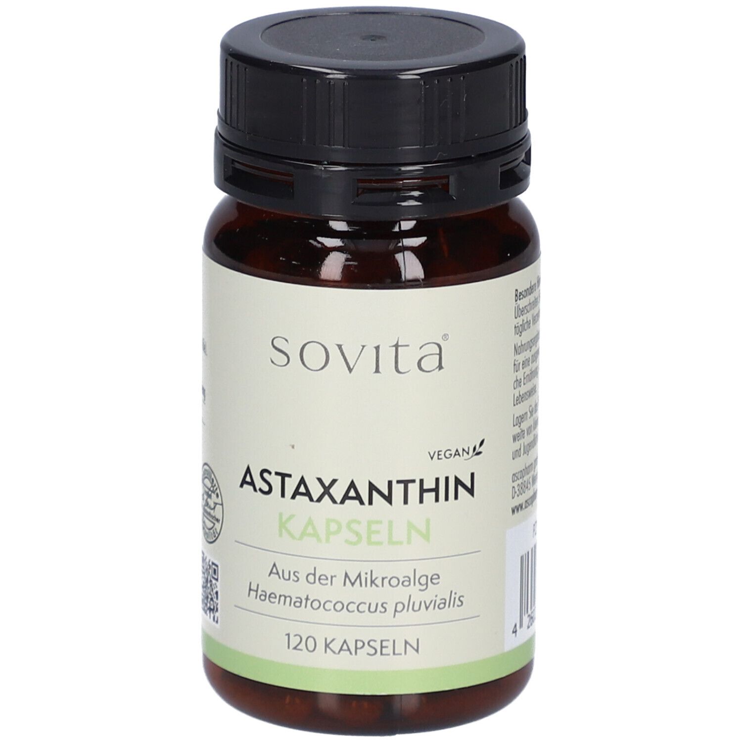 Braune Flasche mit schwarzen Deckel. Aufschrift: sovita Astaxanthin Kapseln, vegan. 120 Kapseln.