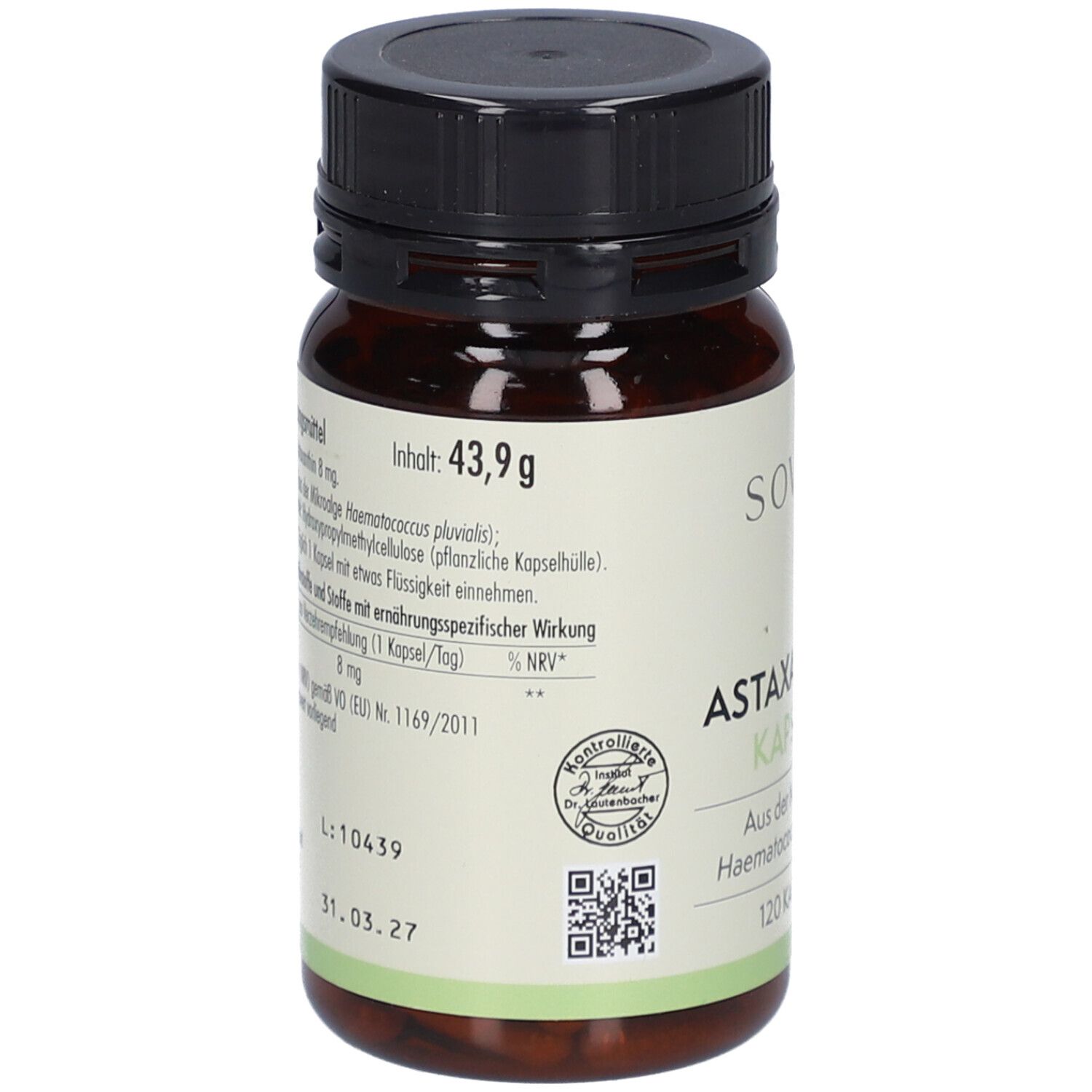 Braune Flasche mit schwarzem Deckel. Aufschrift: sovita Astaxanthin Kapseln. Etikett mit Informationen und Siegel.