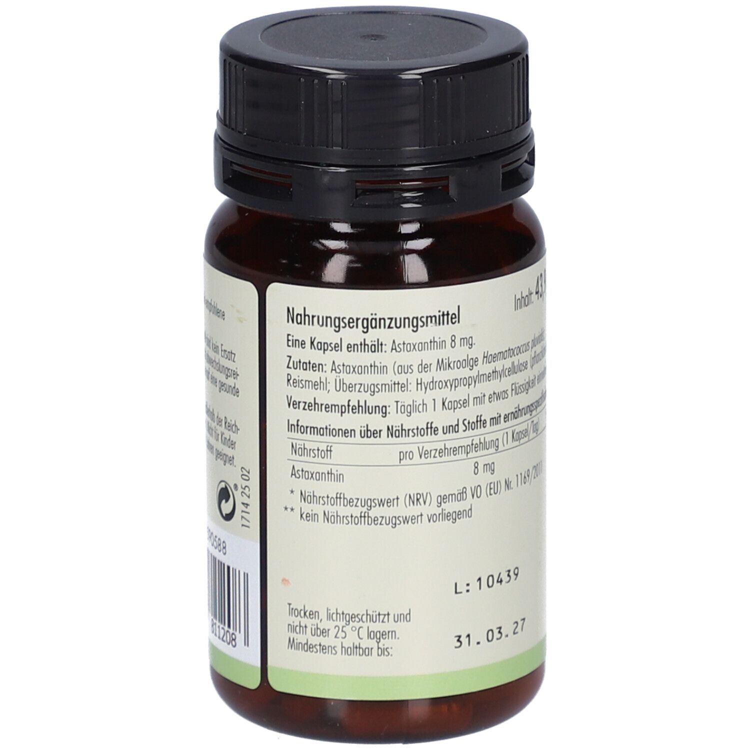Braune Flasche mit schwarzem Deckel. Etikett mit Informationen zu Inhaltsstoffen und Verzehrempfehlung.