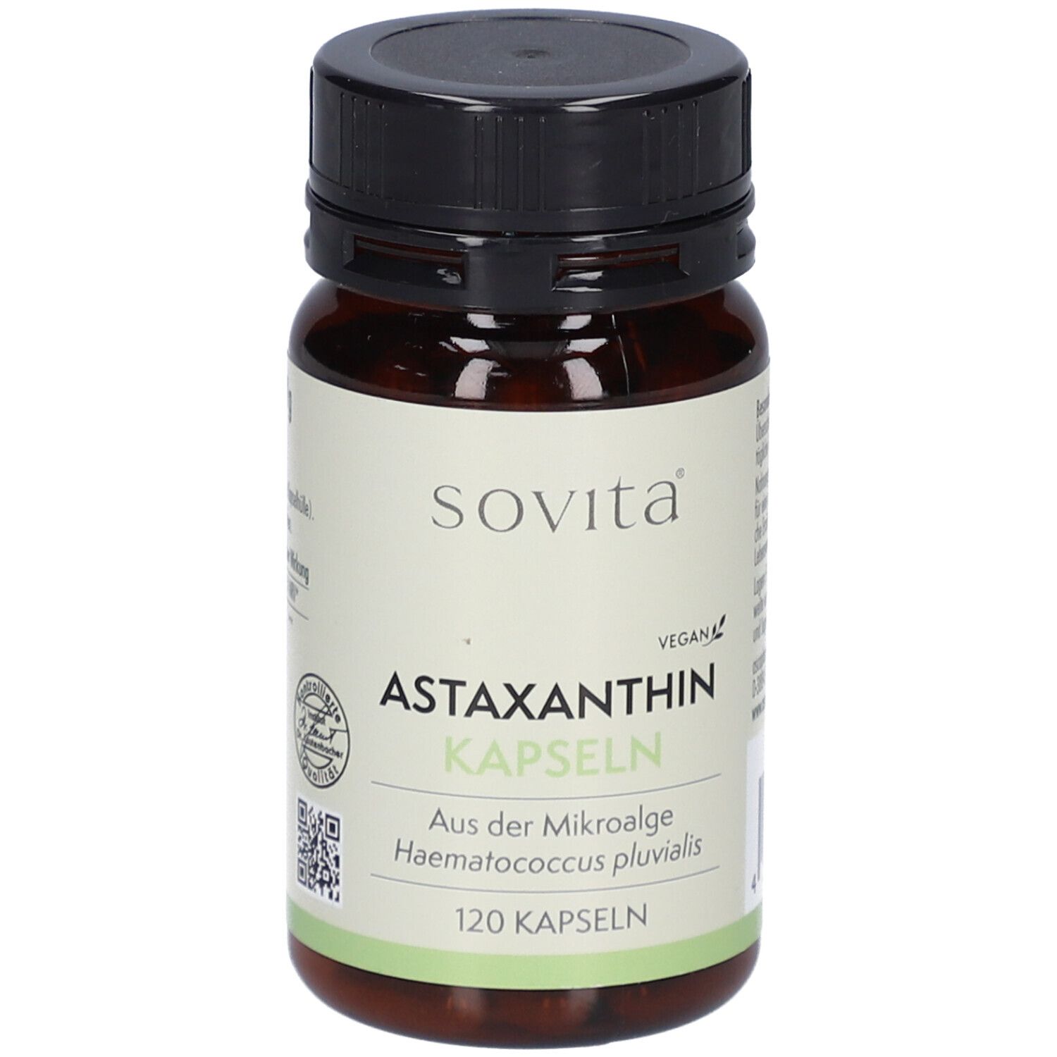 Braune Flasche mit schwarzem Deckel. Aufschrift: sovita Astaxanthin Kapseln, vegan. 120 Kapseln.