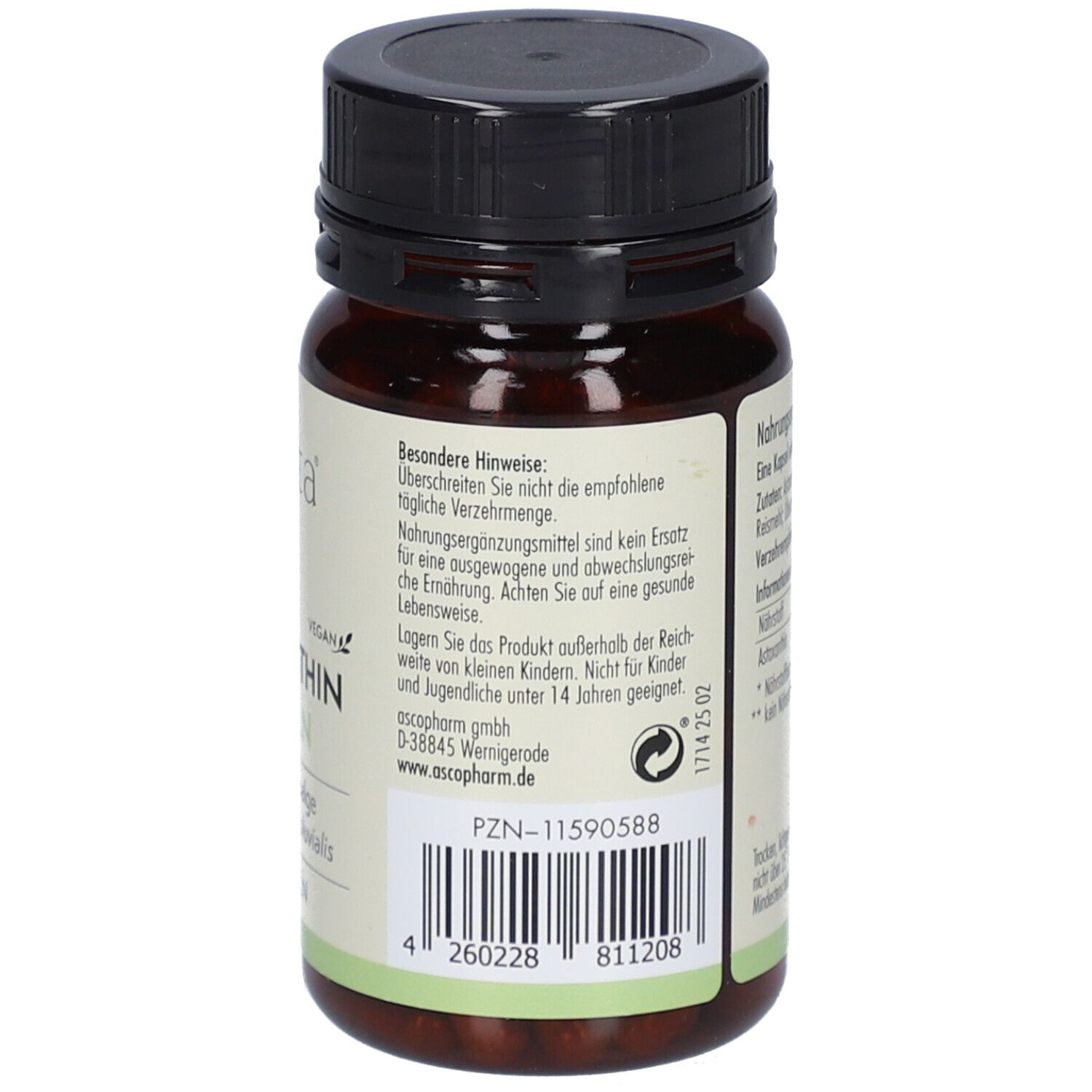 Braune Flasche mit schwarzem Deckel. Etikett mit Informationen, PZN-Nummer und Barcode.