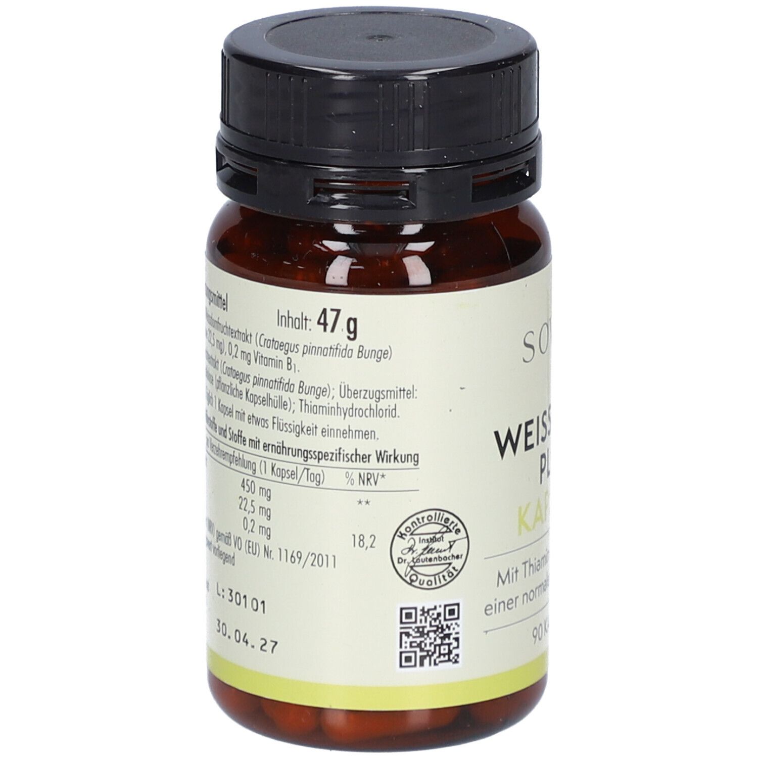 Braune Kapsel-Dose mit schwarzem Deckel. Rückseite mit Inhaltsangaben und QR-Code. Kontrollierte Qualität.