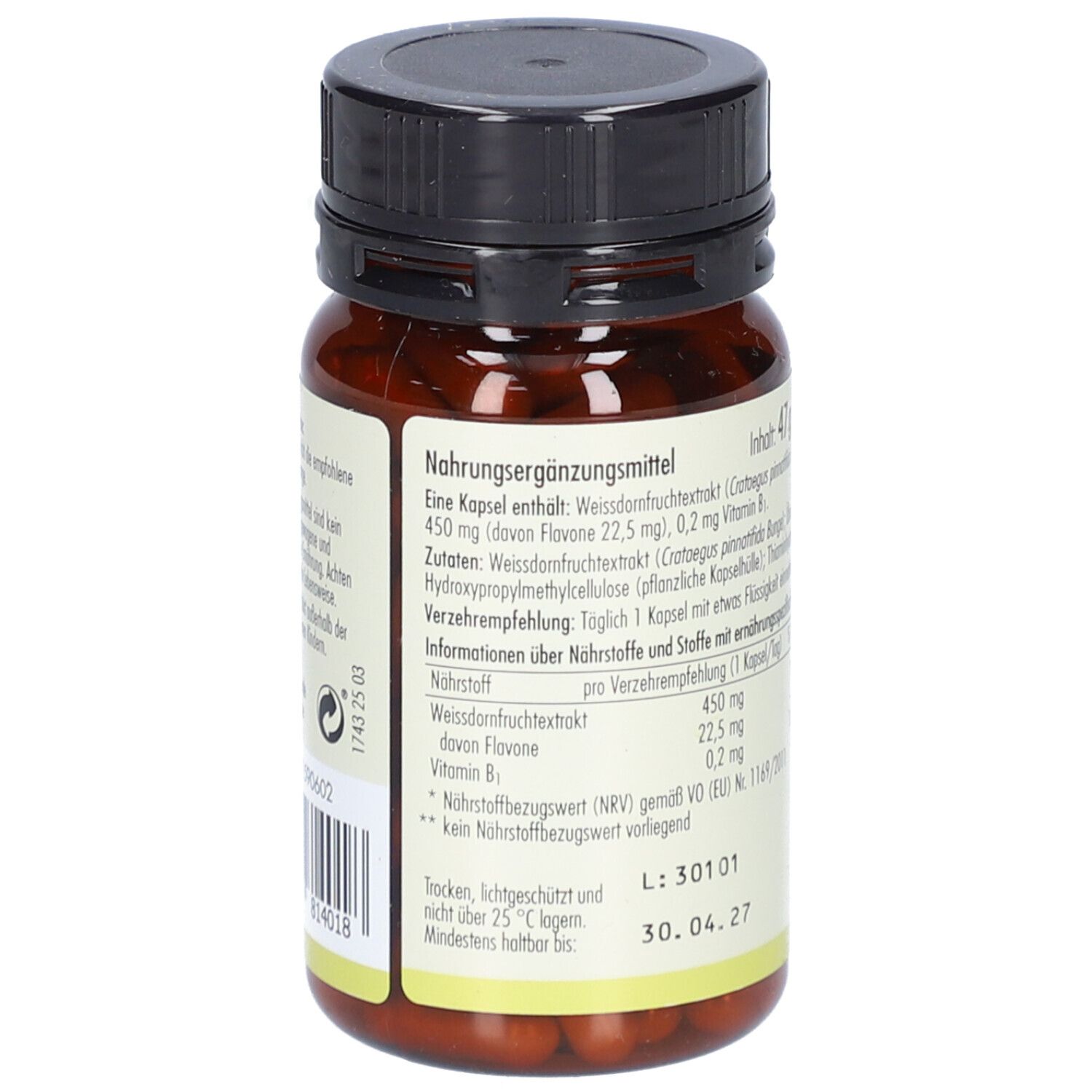 Braune Kapsel-Dose mit schwarzem Deckel. Rückseite mit Nährwertangaben und Zutaten. Mindestens haltbar bis 30.04.27.