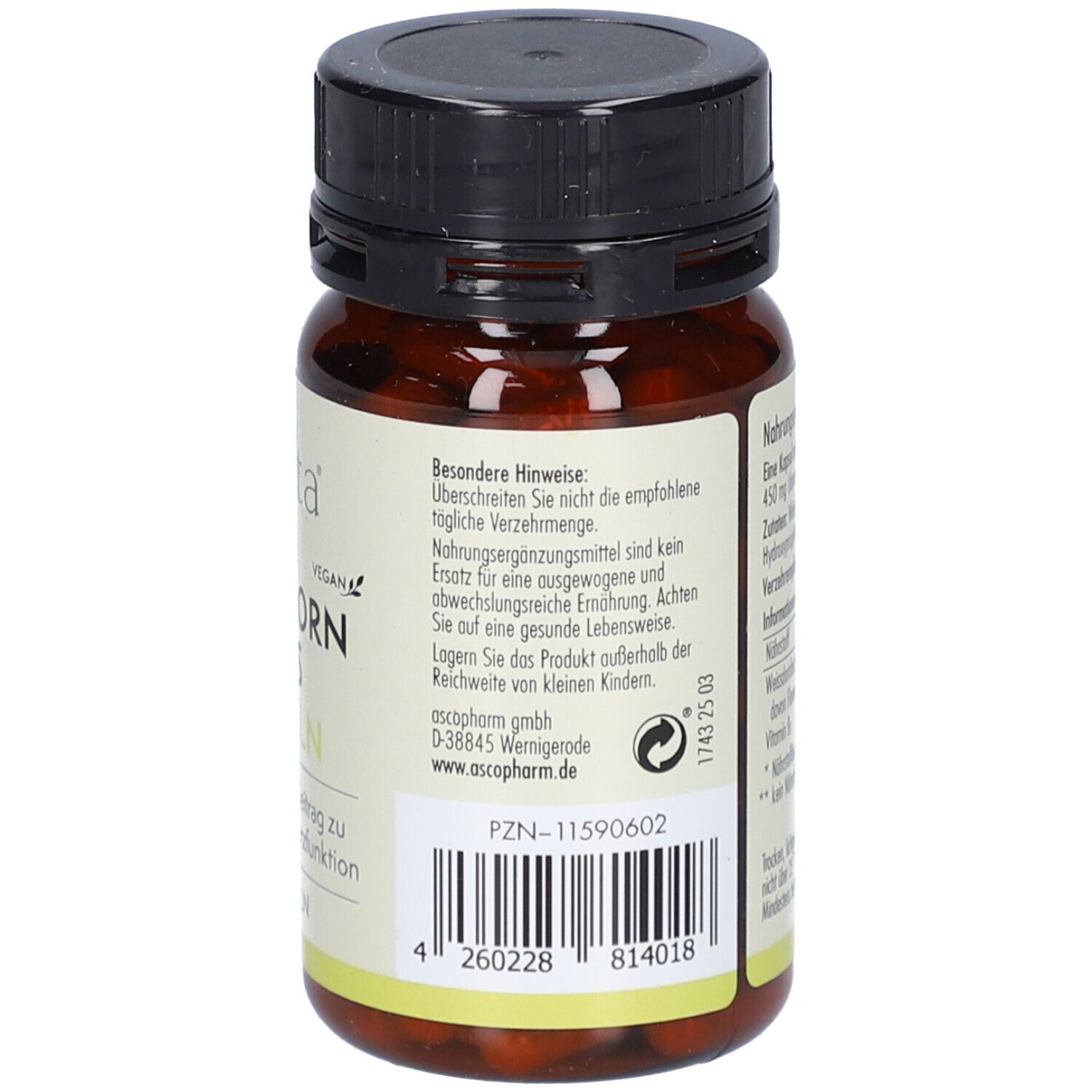 Braune Kapsel-Dose mit schwarzem Deckel. Rückseite mit Warnhinweisen und Herstellerinformationen.