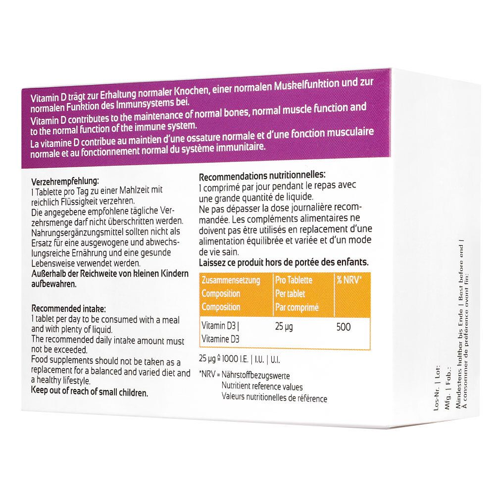 Rückseite der "Denk D3 active"-Verpackung. Enthält Informationen zu Inhaltsstoffen, Dosierung und Nährwertangaben in mehreren Sprachen.