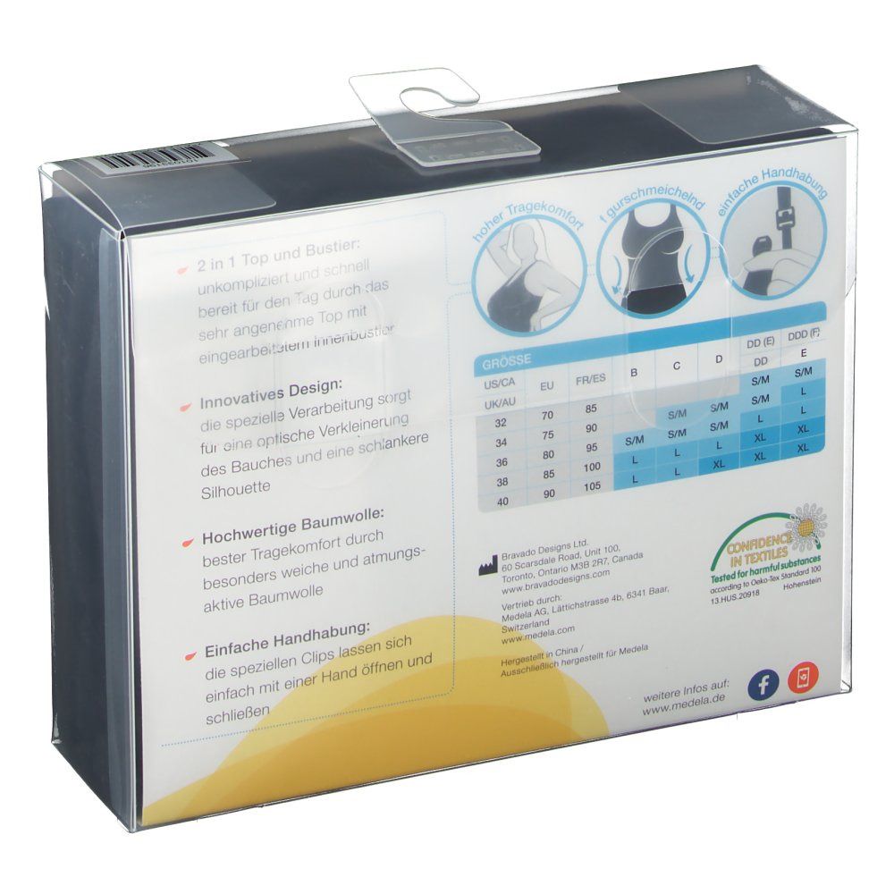 Verpackung mit Produktinformationen. Größenangaben, Produktmerkmale, Zertifizierung.