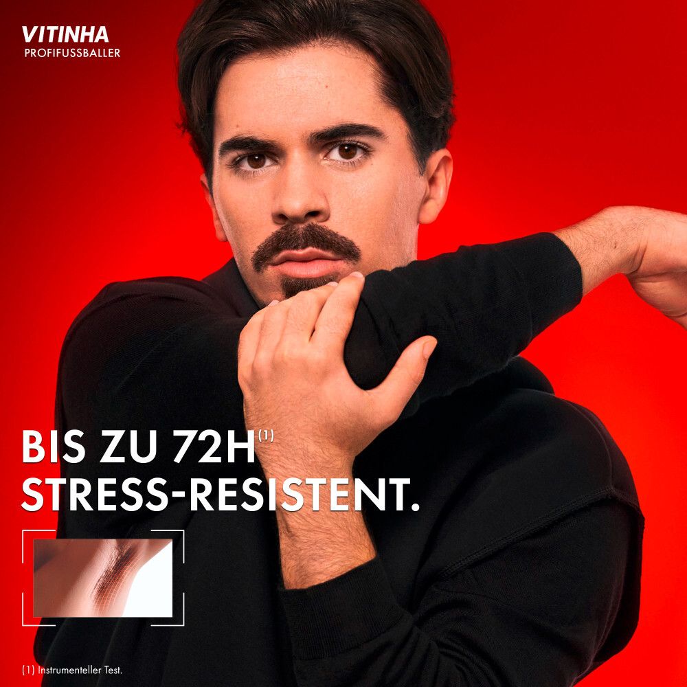 Mann mit Schnurrbart, der sich dehnt. Text: Bis zu 72h Stress-resistent.