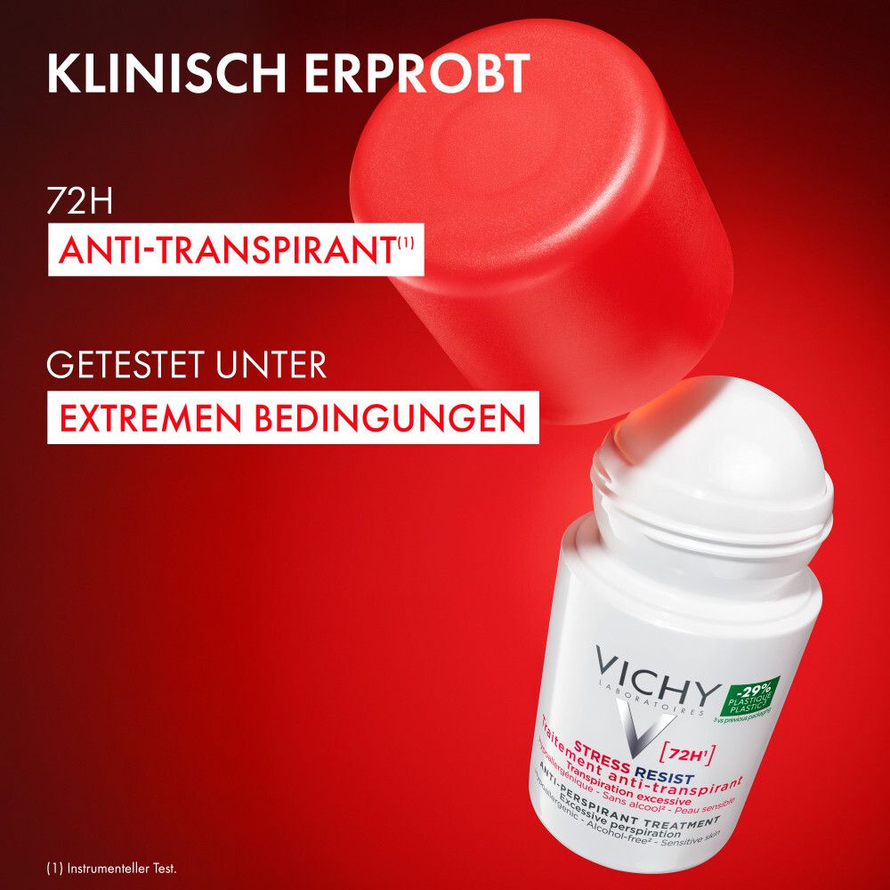Vichy Deo Roll-on mit rotem Deckel. Text: Klinisch erprobt, 72h Anti-Transpirant.