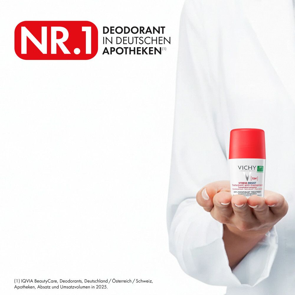 Hand hält Vichy Deo Roll-on. Text: Nr. 1 Deodorant in deutschen Apotheken.