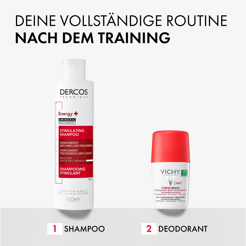Vichy Shampoo und Deo Roll-on. Text: Deine vollständige Routine nach dem Training.