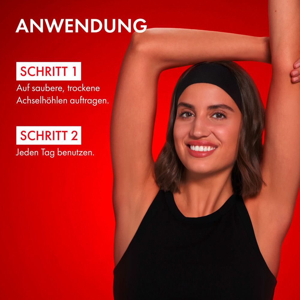 Frau mit Stirnband, die sich dehnt. Text: Anwendung Schritt 1 und 2.
