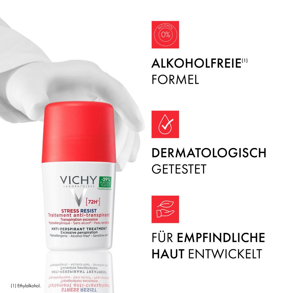 Vichy Deo Roll-on. Text: 0% Alkohol, Dermatologisch getestet, Für empfindliche Haut.