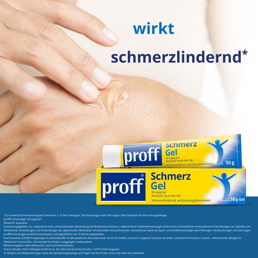 Person trägt Gel auf die Hand auf. Gel-Tube und -Verpackung. Marke: proff. Gelb und blau.