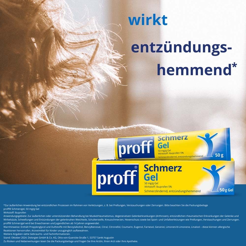Gel-Tube und -Verpackung. Marke: proff. Gelb und blau. Text: wirkt entzündungshemmend.