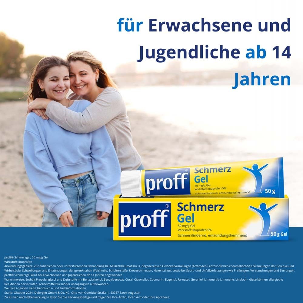 Zwei Frauen umarmen sich. Gel-Tube und -Verpackung. Marke: proff. Gelb und blau. Text: ab 14 Jahren.