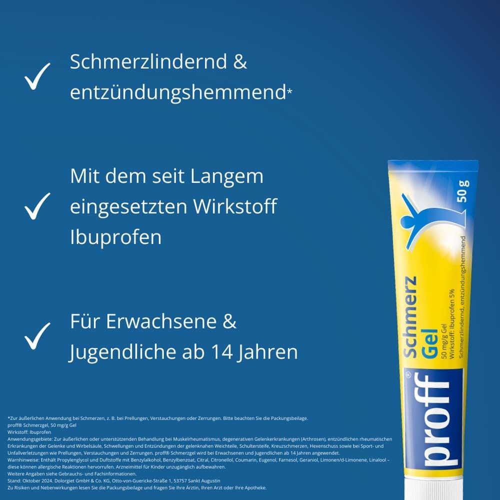 Gel-Tube. Marke: proff. Gelb und blau. Text: Schmerzlindernd & entzündungshemmend, Ibuprofen.
