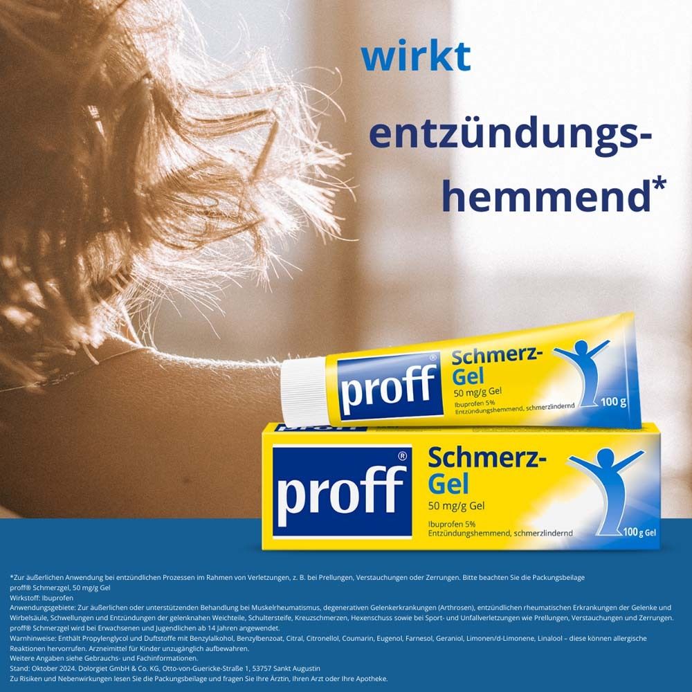 Frau mit Gel. Gel-Tube und -Schachtel. Gelb, blau und weiß. Aufschrift: proff Schmerz-Gel.