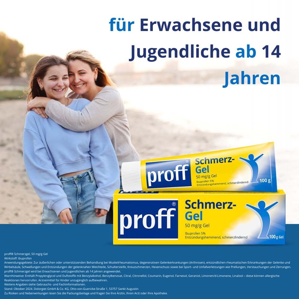 Zwei Frauen. Gel-Tube und -Schachtel. Gelb, blau und weiß. Aufschrift: proff Schmerz-Gel.