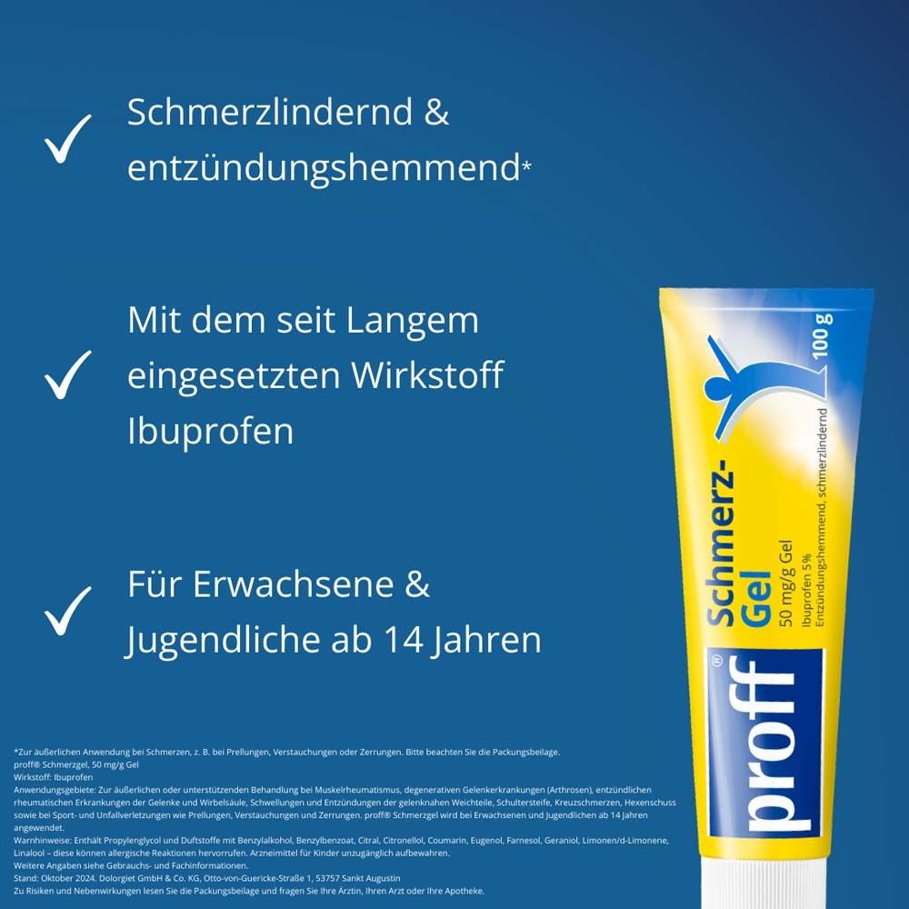 Gel-Tube. Gelb, blau und weiß. Aufschrift: proff Schmerz-Gel. Text mit grünen Häkchen.