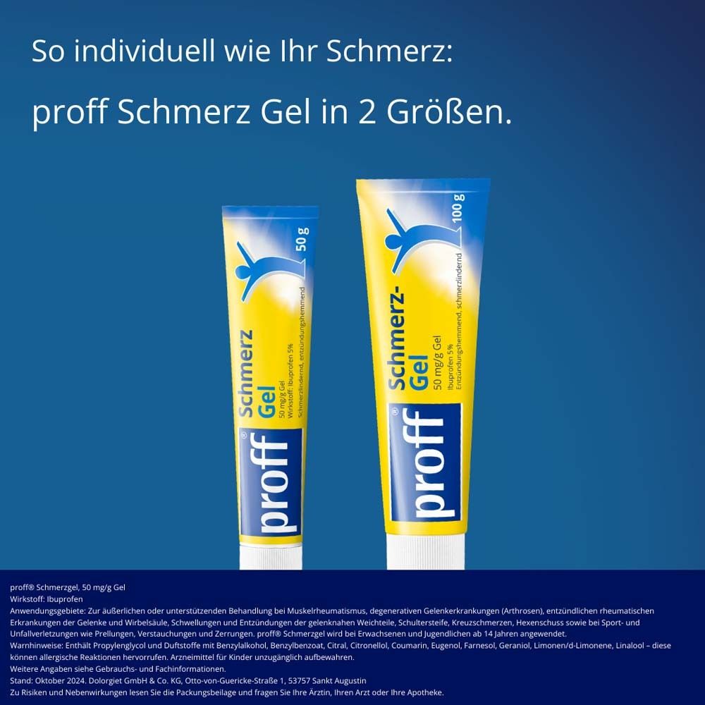 Zwei Gel-Tuben. Gelb, blau und weiß. Aufschrift: proff Schmerz-Gel. 50 mg/g und 100 g.