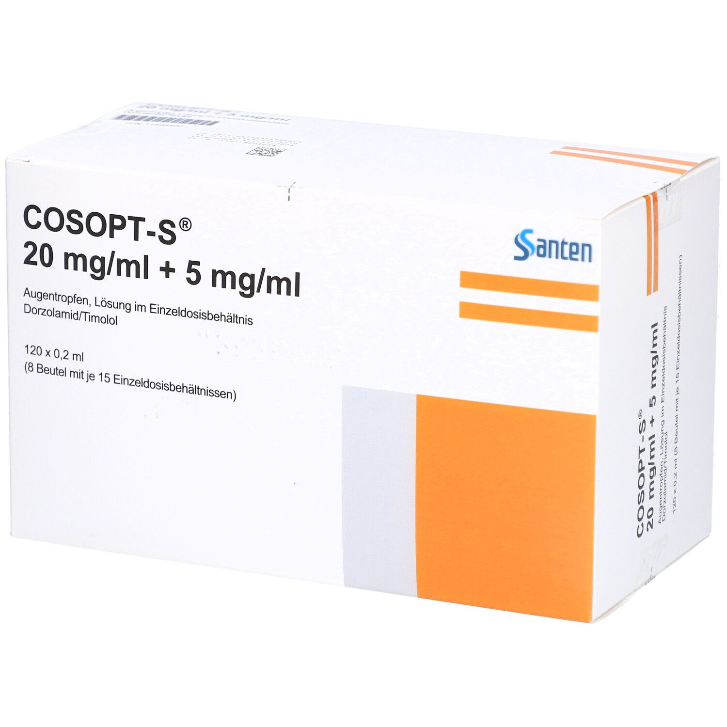 Weißer Karton mit COSOPT-S 20 mg/ml + 5 mg/ml Aufschrift. Orangefarbene Fläche und Santen-Logo.